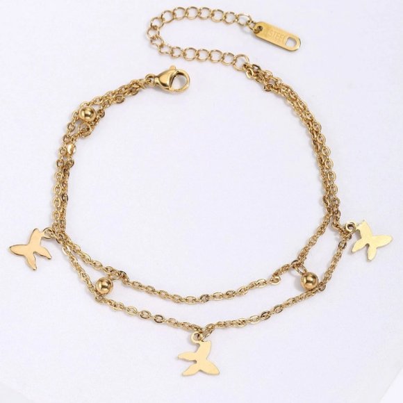 18K Gold Plated Butterfly Layered Anklet - Picture 2 of 2